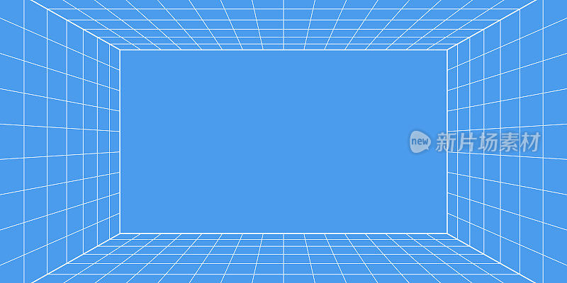 三维线框网格室。三维透视激光栅格16 9。网络空间蓝色背景与白色网格。虚拟现实中的未来数字走廊空间。矢量图